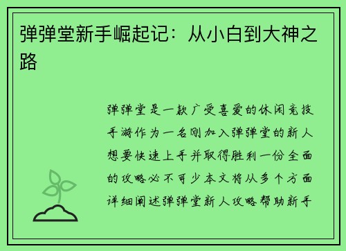 弹弹堂新手崛起记：从小白到大神之路